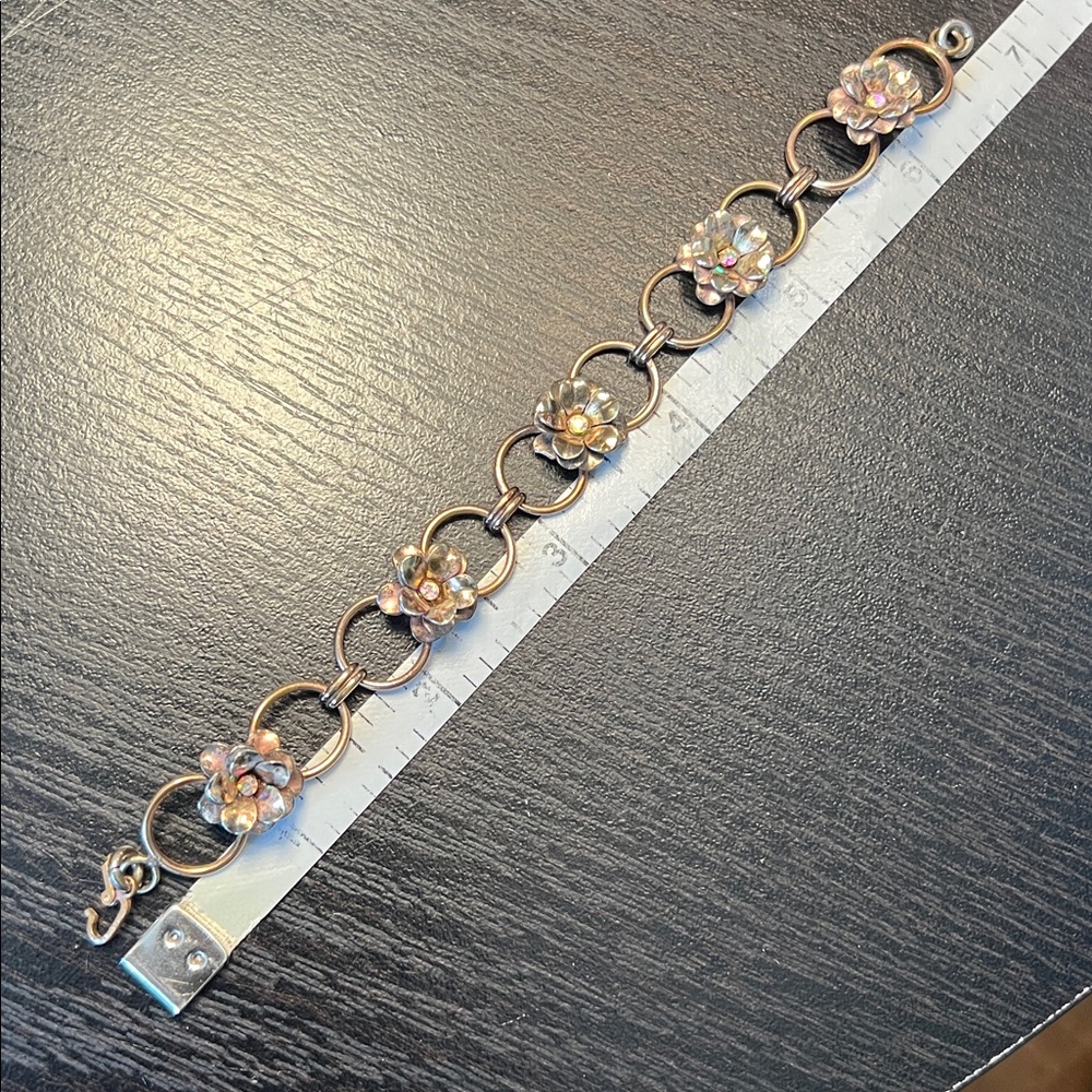 Vintage Gold Filled Sterling Silver Flower Iridescent Rhinestone Bracelet - Picture 9 of 9